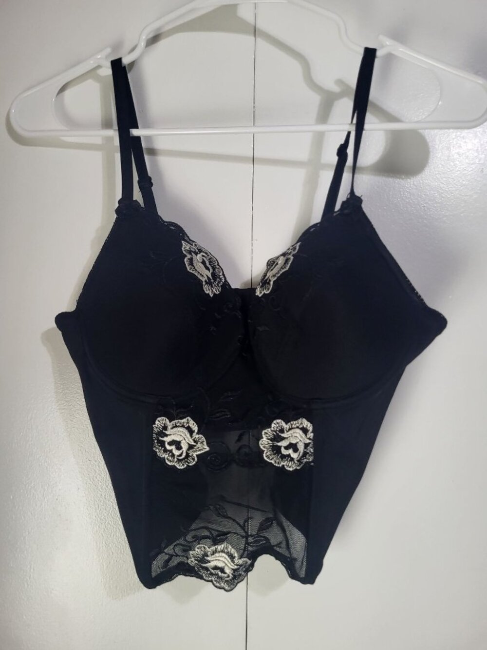 Donna L'Oren Women's Bustier Black White Rose Embroidery Goth Boudoir - Picture 3 of 9